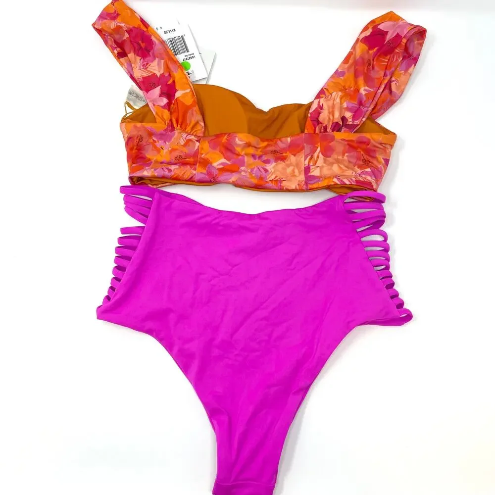 L*SPACE Floral Gizelle Harrington Bikini Set Into The Tropics Bright Fuchsia New